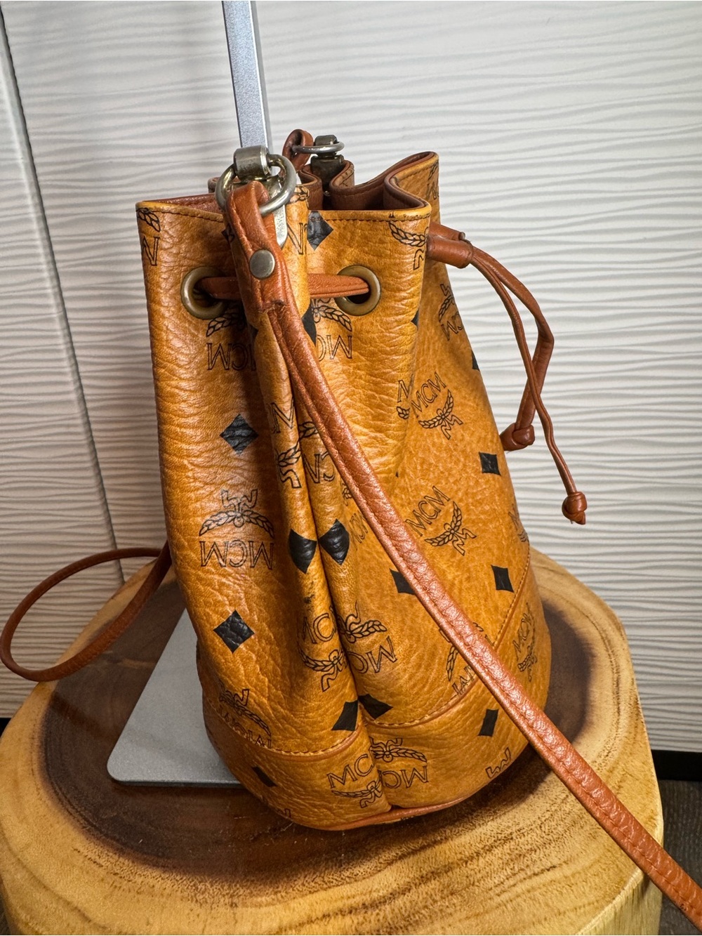 MCM Cognac Visetos Monogram Drawstring Bucket Bag - Picture 4 of 15